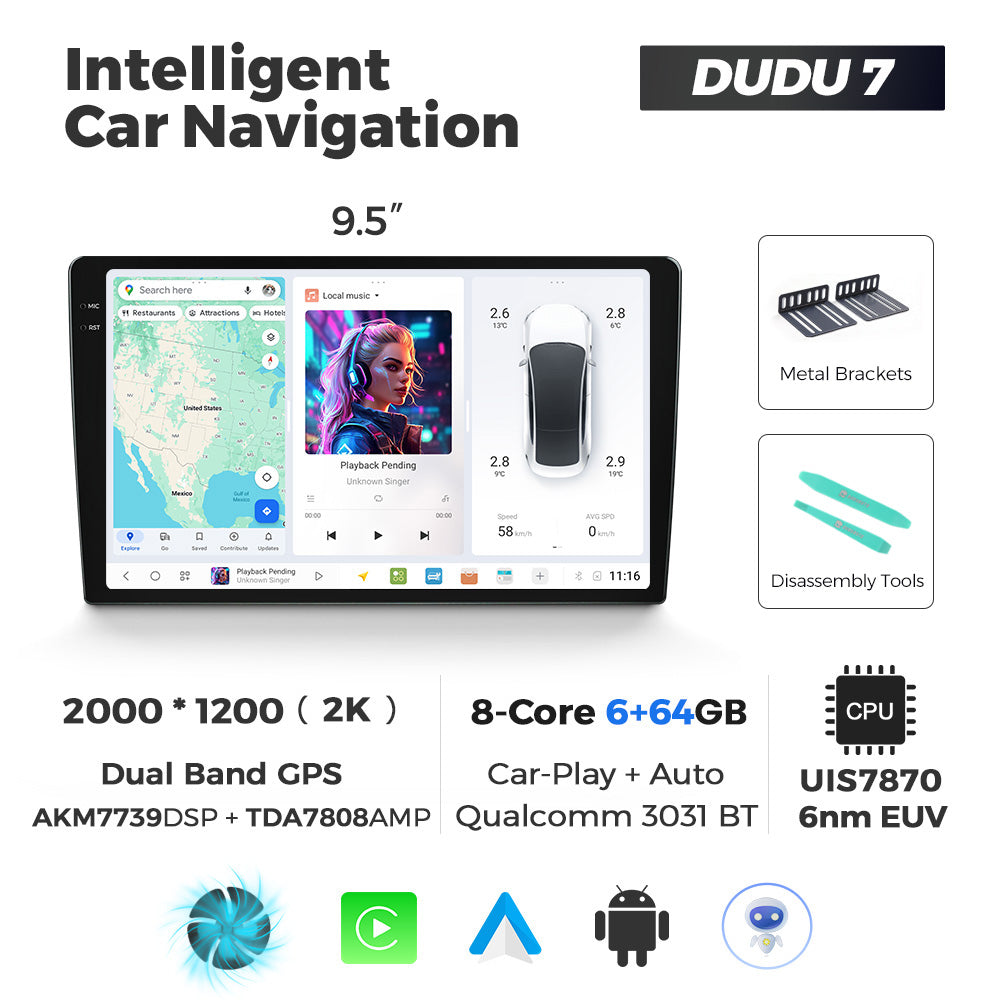 Dudu7 Andriod Stereo  9.5"-10.5"  wirelss Apple Carplay/Android Auto